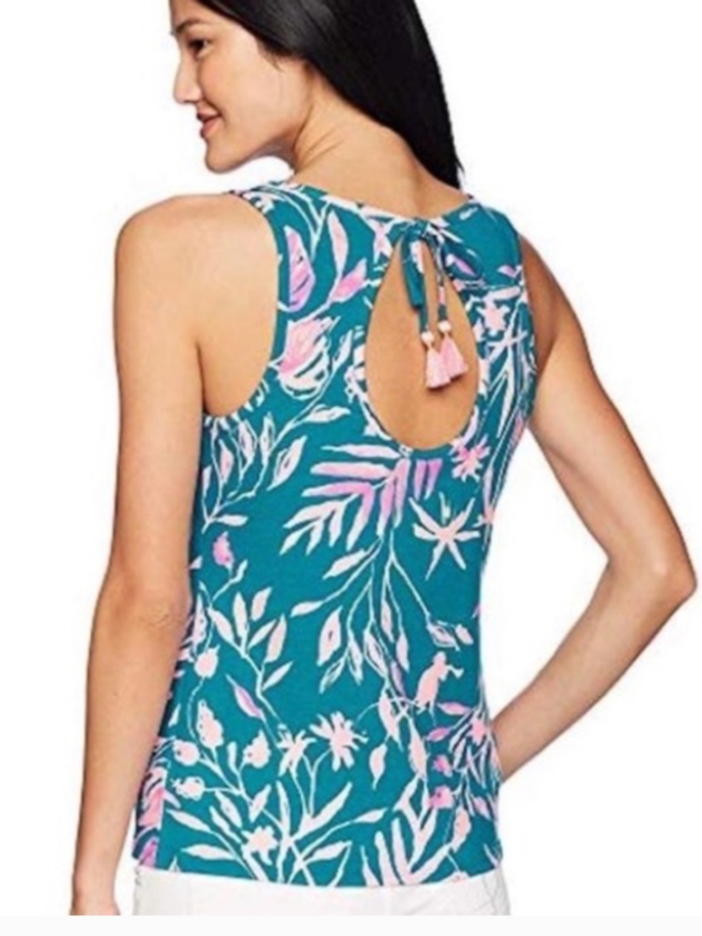 Lilly Pulitzer Teal & Pink Sleeveless Scoopneck Tropical Floral Tank, Tassel Tie - Picture 2 of 10